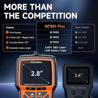 Upgraded of NT301, 2-in-1 FOXWELL NT301 Plus OBD2 Scanner Battery Tester, Professional Check Engine Code Reader Car Diagnostic Tool, 12V Cranking Charging Analyzer for 1996+ Newer Vehicle