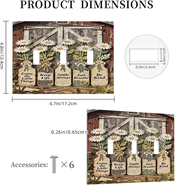Rustic Daisy Barn Door Flowers 3 Gang Triple Toggle Decorative Light Switch Covers Electrical Faceplate Switch Plates for Bathroom Kitchen Home