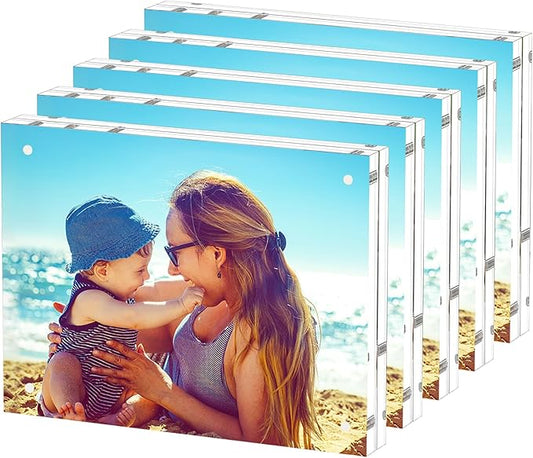HELPLEX Acrylic Frame, 5 Pack 8x10 Picture Frames, 20mm Thicker Frameless Clear Frame Double Sided Magnetic Frame, Free Standing Desktop Display Stand Acrylic Frames