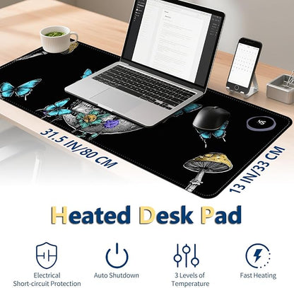 Heated Mouse Pad with 3 Temperature Settings(104°F–122°F),Large 31.5x13 Inch PU Leather Heated Desk Mat,Waterproof Warming Pad for Office,Gaming & Cold Hands Relief,Skeleton Moon Mushroom