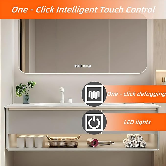 48IN Grey Bathroom Vanity Set - Floating Bathroom Vanity with Single Sink | Including LED Smart Defogging Mirror Cabinet & Time Display Function, Equipped with Motion Sensing Light Strip (Style A)