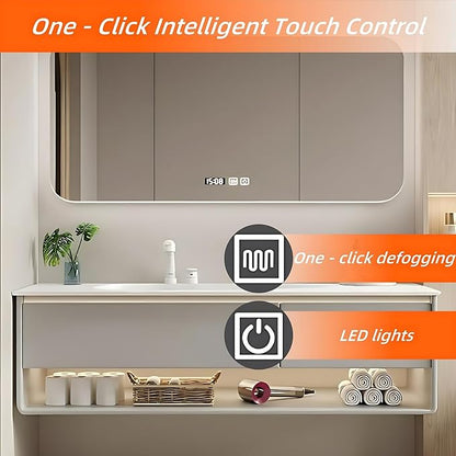 60IN Grey Bathroom Vanity Set - Floating Bathroom Vanity with Single Sink | Including LED Smart Defogging Mirror Cabinet & Time Display Function, Equipped with Motion Sensing Light Strip (Style B)