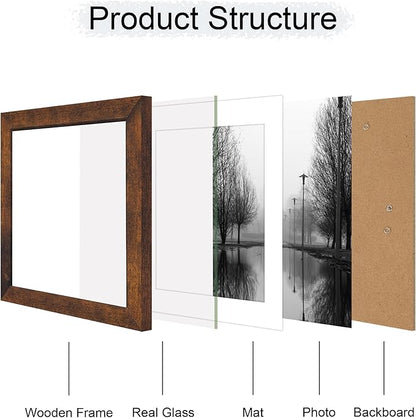 iRahmen 10x10 Picture Frame Set of 4 with Real Glass, Rustic Frames Display 8x8 Picture with Mat or 10 x 10 Without Mat, Wooden Square Photo Frame for Wall Mount and Tabletop Display