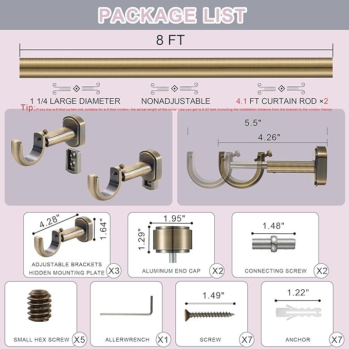 Heavy Duty Curtain Rods,1 1/4" Large Diameter Premium Nonadjustable Curtain Rod,96in/8ft Custom Window Treatment Rods with Durable Aluminum Brackets and End Caps,Antique Bronze Finish