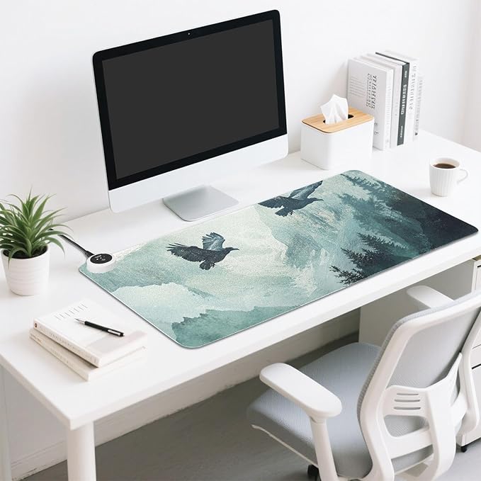 Heated Desk Pad Mouse Pad 31.5x13 Inch PU Leather Desk Mat with 3 Heat Levels Large Mouse Gaming Computer Laptop Mat Bald Eagle Mountains Green01