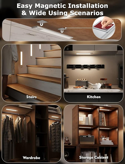12" Ultra-Thin Under Cabinet Lighting Wireless, Aluminum Alloy Under Counter Lights for Kitchen, 3-Color-Temps Magnetic Closet Lights, Rechargeable Motion Sensor Light Indoor (8 Pack, Silver)
