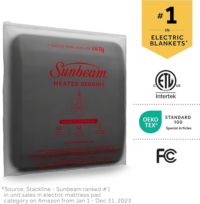 Sunbeam Royal Ultra Fleece Heated Electric Blanket Queen Size, 90" x 84", 12 Heat Settings, 12-Hour Selectable Auto Shut-Off, Fast Heating, Machine Washable, Warm and Cozy, Pebble