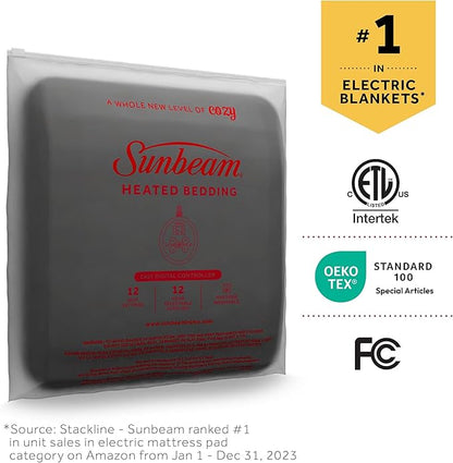 Sunbeam Royal Ultra Fleece Heated Electric Blanket Queen Size, 90" x 84", 12 Heat Settings, 12-Hour Selectable Auto Shut-Off, Fast Heating, Machine Washable, Warm and Cozy, Pebble