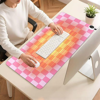 Checkered Pink Heated Desk Pad Mouse Pad 31.5x13 Inch PU Leather Desk Mat with 3 Heat Levels Large Mouse Gaming Computer Laptop Mat