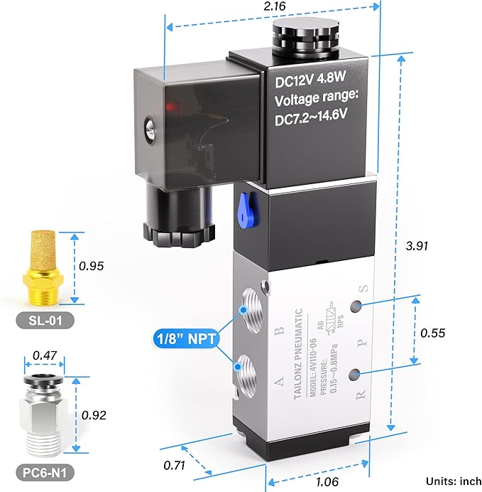TAILONZ PNEUMATIC 1/8"NPT Solenoid Valve 4V110-06 DC12V Single Coil Pilot-Operated Electric 2 Position 5 Way Connection Type Junction Box