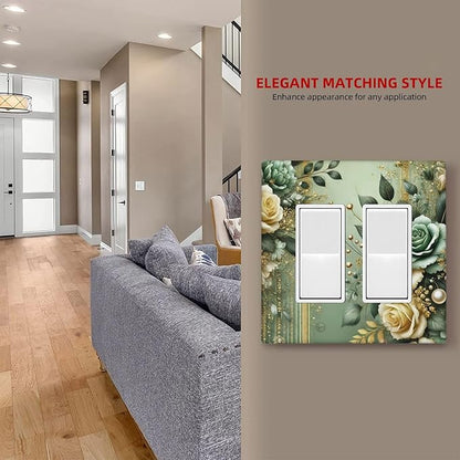 Decorative Outlet Covers Rustic Green Floral Leaves Teal Flowers Gold Stripe 2 Gang Wall Plate Double Rocker Two Switch Wall Cover Plate Jumbo Dual GFCI Faceplate