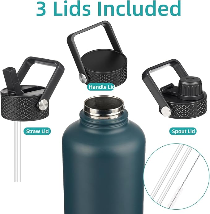 Insulated Water Bottle with Straw,50 oz 3 Lids Water Jug with Carrying Bag,Paracord Handle,Double Wall Vacuum Stainless Steel Metal Flask,Navy Blue