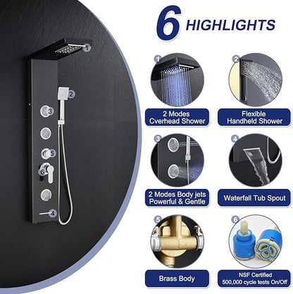 ROVATE LED Shower Panel Tower System with Rainfall Waterfall Shower, Black Shower Tower with Jets and Rainfall and Handheld, 5 in 1 Stainless Steel Shower Column High Pressure with Tub Spout
