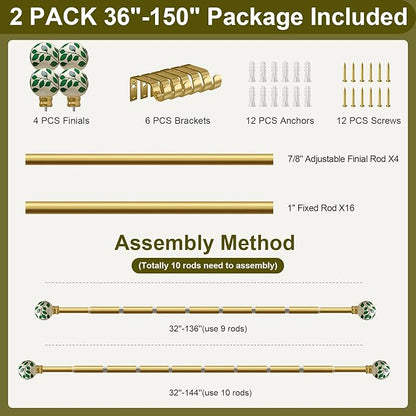 Ceramic Gold Curtain Rods Set of 2 for Windows 72 to 144 Inches Adjustable Length Duty 1" Diameter Window Curtain Rod with Modern Green Leaf Pattern Decorative Finials for Bedroom Living Room Kitchen