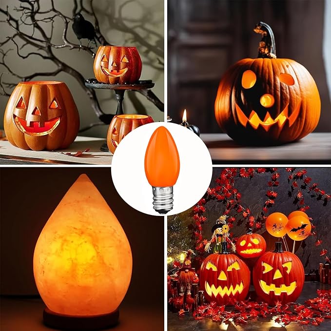 C7 Orange LED Light Bulbs, 25-Pack E12 Base, Halloween & Outdoor String Lights, Waterproof, Energy-Efficient Night Light Bulbs, Replacement Bulbs for Porch, Patio, Yard & Holiday Decor