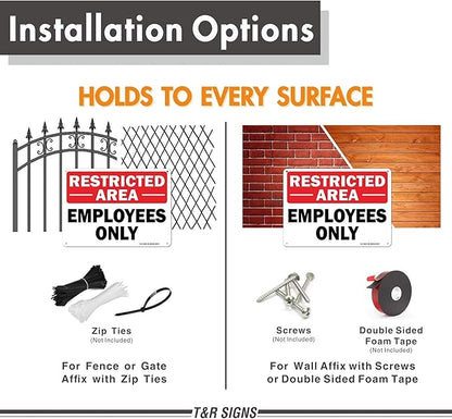 Restricted Area Sign Employees Only Sign - 2 Pack - 10 x 7 Inches Rust Free .040 Aluminum - UV Protected, Waterproof, Weatherproof and Fade Resistant - 4 Pre-drilled Holes