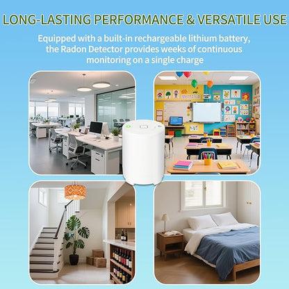 Bluetooth Radon Detector for Home, High-Precision Sensor, Real-Time Radon Gas Monitoring, Short & Long-Term Data with Trend Charts, App Control, Rechargeable Battery, LED Alerts