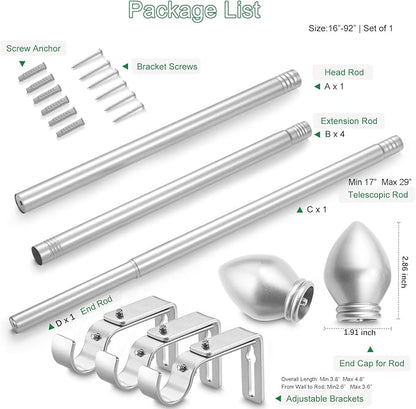 Curtain Rods for Windows 16 to 92 inches, Curtain Rod Max Adjustable Length to 104 in, Drapery Rod 1 inch Diameter with Modern Knobs Finials (Satin Silver, 16" to 92" - Set of 1)