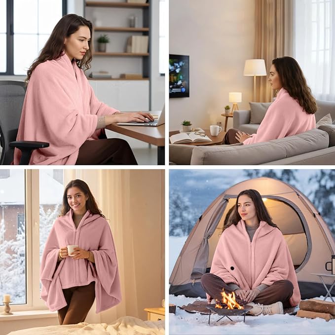 Graphene Heated Blanket Battery Operated, 20000mAh Battery 7.4V Fast Heating Blanket Portable Heated Shawl, Cordless Rechargeable Heated Shawl 3 Temperature Settings, Gift for Women (Pink)
