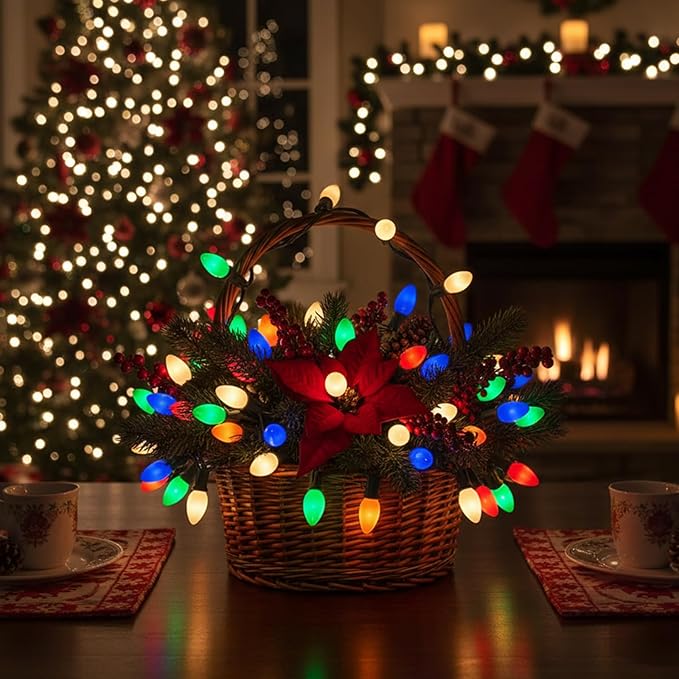 C7 LED Christmas Lights Replacement Bulbs, 25 Pack 0.6w C7 Ceramic Multicolor Light Bulbs with E12 Candelabra Base, Vintage Colored Light Bulbs for Indoor/Outdoor Christmas String Lights
