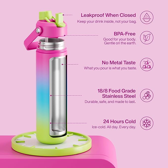 ENCOOL Insulated Water Bottle with Straw Stainless Steel Water Bottle, Leak-Proof, BPA-Free, Double Wall Vacuum Keeps Cold for 24 Hours for Sports, Travel, School (26 oz, Lime Sorbet)