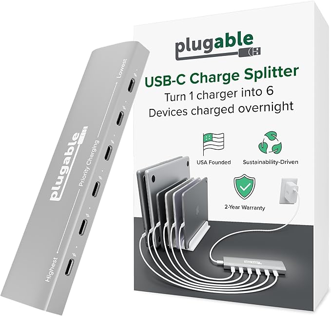 Plugable 6 Port USB C Charging Station, Up to 100W Charger for Multiple Devices with Priority Charging, Desktop Power Hub for USBC Devices Including Laptops Phones Tablets Earbuds and More (PS-6CC)