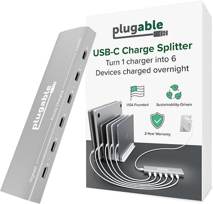 Plugable 6 Port USB C Charging Station, Up to 100W Charger for Multiple Devices with Priority Charging, Desktop Power Hub for USBC Devices Including Laptops Phones Tablets Earbuds and More (PS-6CC)