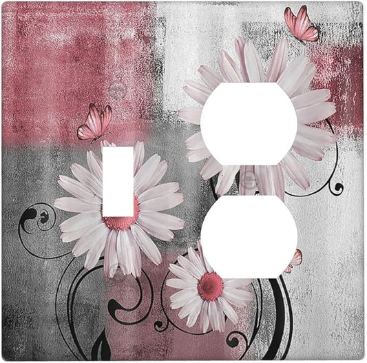 Wallplates Pink Floral Rustic Daisy Flower And Butterfly 1 Toggle 1 Duplex Switch Plate Electrical GFCI Faceplate Decorative Light Switch Covers for Farmhouse Cabin Decor