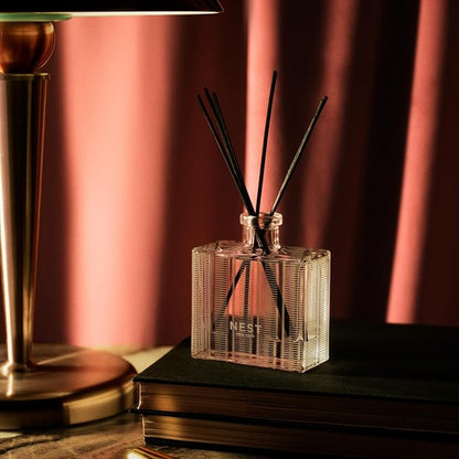 NEST New York Reed Diffuser, Rose Noir & Oud - 5.9 fl oz - Fragrance for Up to 90 Days - Reusable, Refillable Glass Holder - Includes 8 All-Natural Reed Sticks - Flame Free