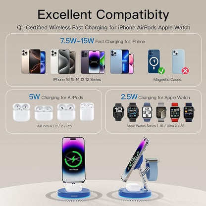 3 in 1 Charging Station Compatible with Mag-Safe Charger Wireless Charger Stand for iPhone 16 15 14 13 12 Series Wireless Charging Station for AirPods Wireless Charging Stand for iWatch Series (Blue)