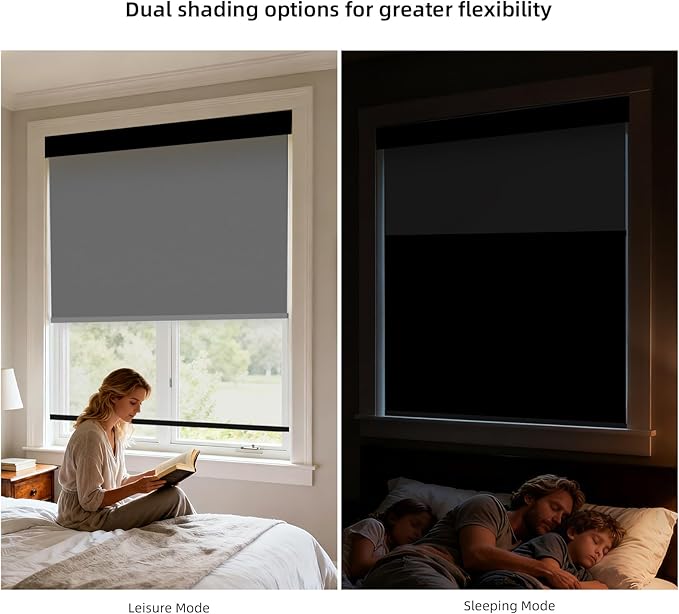 ZSTARR Motorized Day and Night Dual Smart Blind for Window with Valance Rechargeable Motor,Blackout Roller Shade Custom Size,with Valance Suitable for Home,Office (Full Blackout Pure Black)