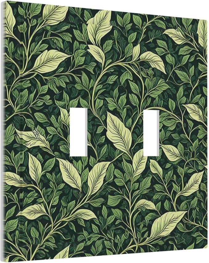 Vintage Green Plant Leaves 2 Gang Double Toggle Light Switch Cover Decorative Switchplate Electrical Wall Plates Faceplate for Bathroom Bedroom Decor 4.9 X 5 IN