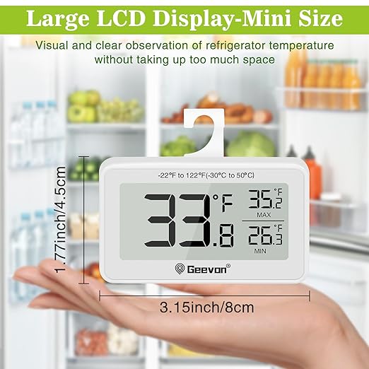 Geevon Refrigerator Thermometer Digital Fridge Thermometer IP65 Waterproof with Large LCD Display,Max/Min Record Function,Magnetic Back,for Fridge,Freezer Scenarios (White-1Pack)