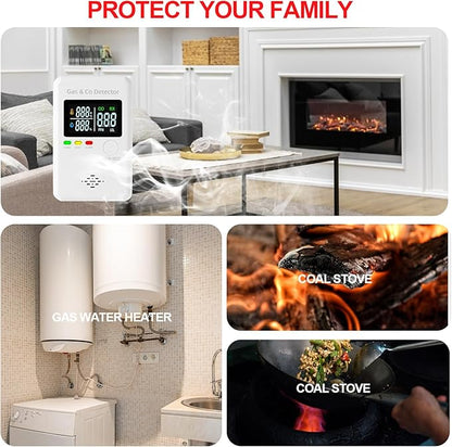 Combination Natural Gas & Carbon Monoxide Detectors,4-in-1 Real-time Display & Monitor,Low-Concentration Detect,Plug in Propane Detector & CO Alarm, for Home,Camping,RV,Apartment