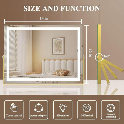 Ligheted Vanity Mirror with Lights, 14" x 12" LED Makeup Mirror, Hollywood Mirror,3 Modes Light, Smart Touch Control Dimmable, 360°Rotation, Rectangle Gold Frame