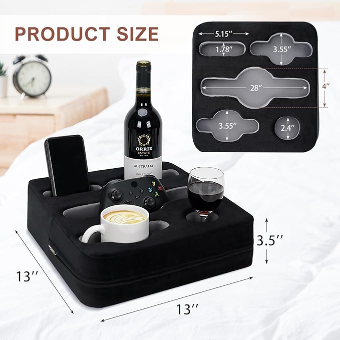 Couch Cup Holder Pillow - Sofa Cup Holder | Couch Caddy, Couch Drinks Remotes Holder for Cups, Headphones, Snacks, and Phones | Use it on Car, Pack, Beach, RV, and More (Black)