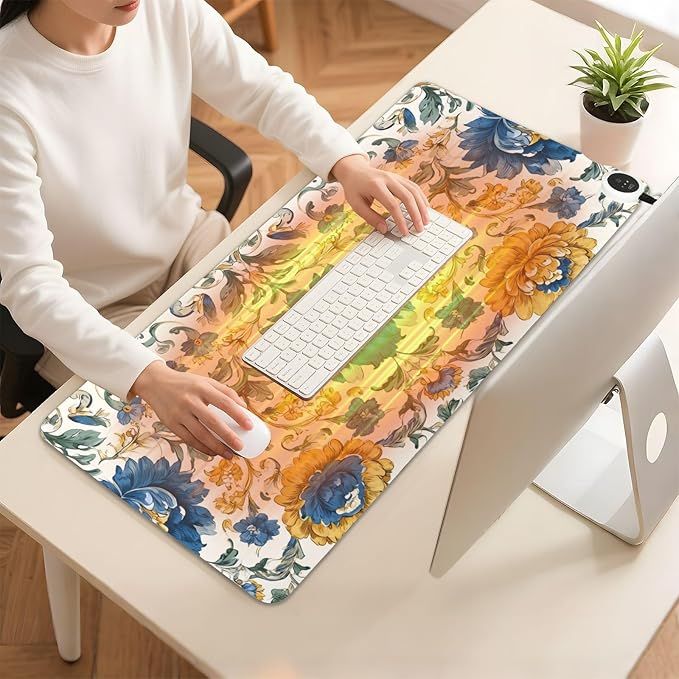 Heated Desk Pad Mouse Pad 31.5x13 Inch PU Leather Desk Mat with 3 Heat Levels Large Mouse Gaming Computer Laptop Mat Royal Floral Blue and Yellow Tile