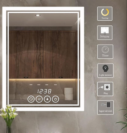 24 x 32 Inch Large Bathroom Mirror with Lights for Wall Big Anti-Fog Led Lighted Wall-Mounted Vanity Mirrors Dimmable Back-lit Makeup Mirror (24" x 32")