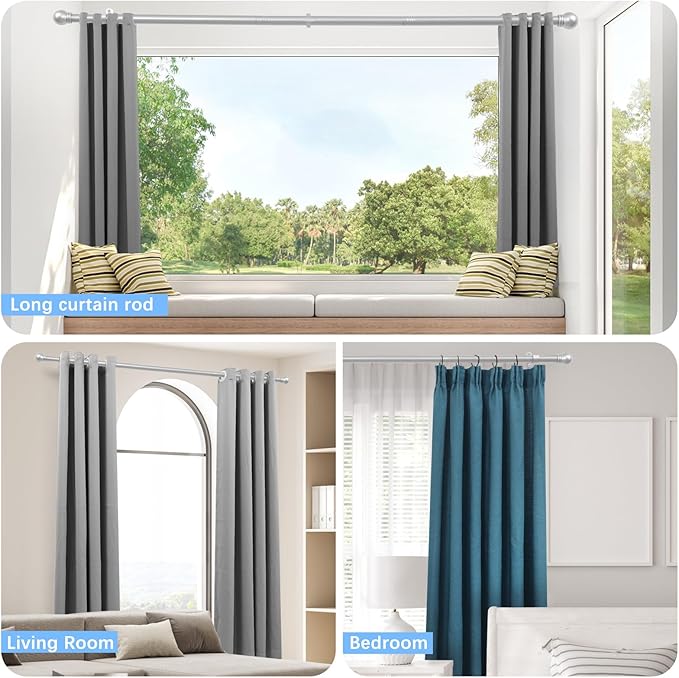 Curtain Rods for Windows 16 to 150 Inches, Curtain Rod Max Adjustable Length of 160 IN, 6/8" Diameter Drapery Rods Round Finials, Satin Silver, Pack of 1