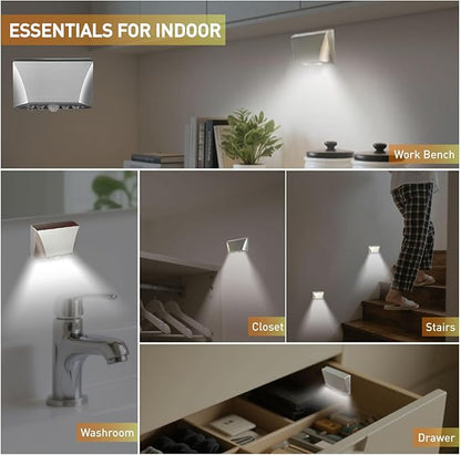 Silver Motion Sensor Night Light for Doors, Cabinets & Stairs | 3-Way Magnetic/Adhesive/Screw Mount | Auto On/Off in Darkness | Battery-Powered LED for Hallway & Keyhole