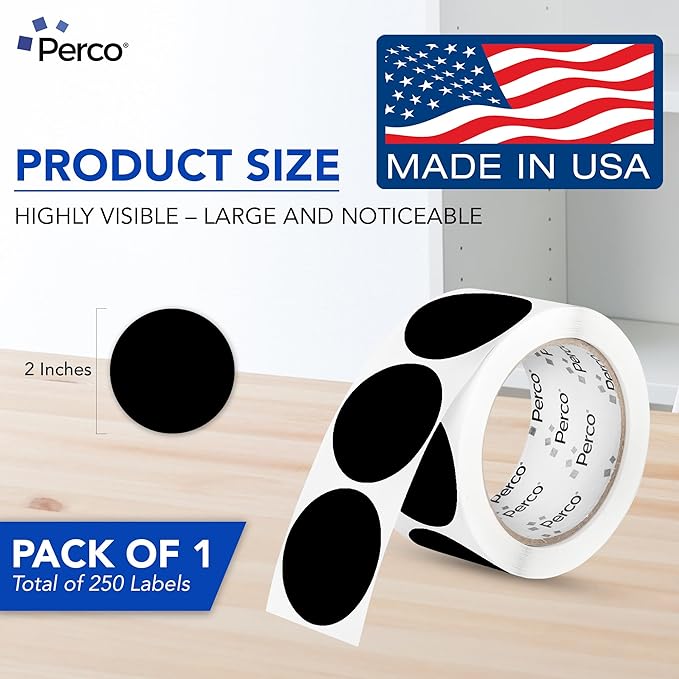 Perco Black 2-Inch Perforated Circle Dot Sticker Labels — 250 Round Stickers Per Roll — with Permanent Adhesive for Organizing, Color Coding, Bin Labeling, Packaging Alerts — Made in USA