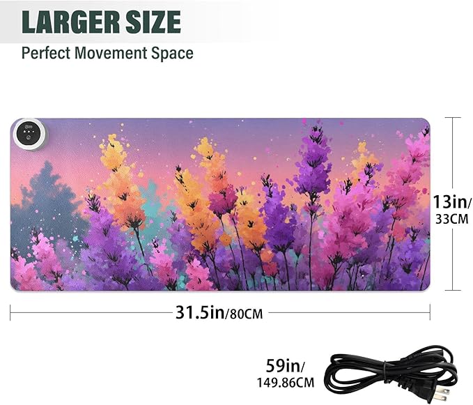 Large Heated Mouse Pad,Leather Desk Mat,31.5"x13",Hand Warmer Pads for Desk,Lavender(Watercolor)