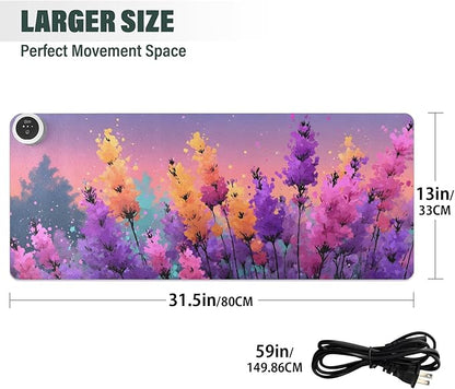 Large Heated Mouse Pad,Leather Desk Mat,31.5"x13",Hand Warmer Pads for Desk,Lavender(Watercolor)