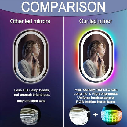 24 x 16 Inch RGB Oval Bathroom Mirror with Smart Dimmable 3 Color Front Lights & Rainbow Colorful Changing Backlit Oval Lighted Vanity Mirror for Bathroom Wall Horizontal or Vertical Mounted