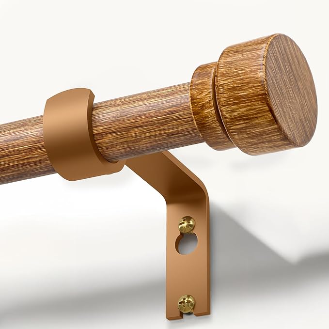 Wood Curtain Rods for Windows 28 to 48 Inches 1" Diameter Boho Decorative Heavy Duty Long Window Curtain Rod Adjustable with Solid Imitation Wood Grain Finials for Living Room Bedroom Kitchen
