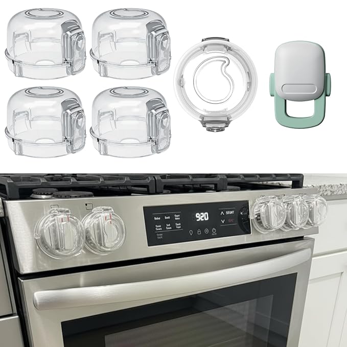 Stove Knob Covers for Child Safety - 5+1 Pack Upgraded Double-Key Design, Universal Fit Gas Oven Knob Locks, Heat-Resistant Clear View Baby Proof Covers for Kids and Pets (White)