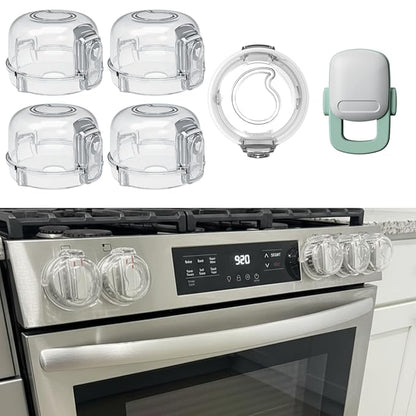Stove Knob Covers for Child Safety - 5+1 Pack Upgraded Double-Key Design, Universal Fit Gas Oven Knob Locks, Heat-Resistant Clear View Baby Proof Covers for Kids and Pets (White)