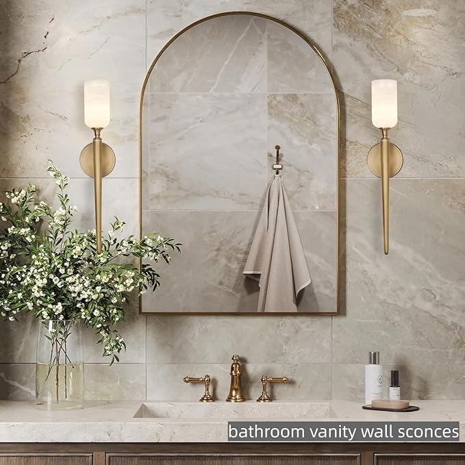 Alabaster Wall Sconces Set of Two, 22in Modern Spanish Natural Marble Bathroom Vanity Sconces, Brass Alabaster Sconce Wall Lighting, Gold Wall Light Fixtures Decor for Bedroom Living Room Staircases