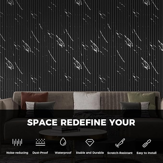 OUZUGIE WPC Acoustic Slat Wall Paneling, 8-Pack 114 x 6 Inches 3D Wall Panels for Interior Wall Decor,Living Room,TV Background,Study Room,Office Spaces,Bedroom,High Grille (Black Marble-1)