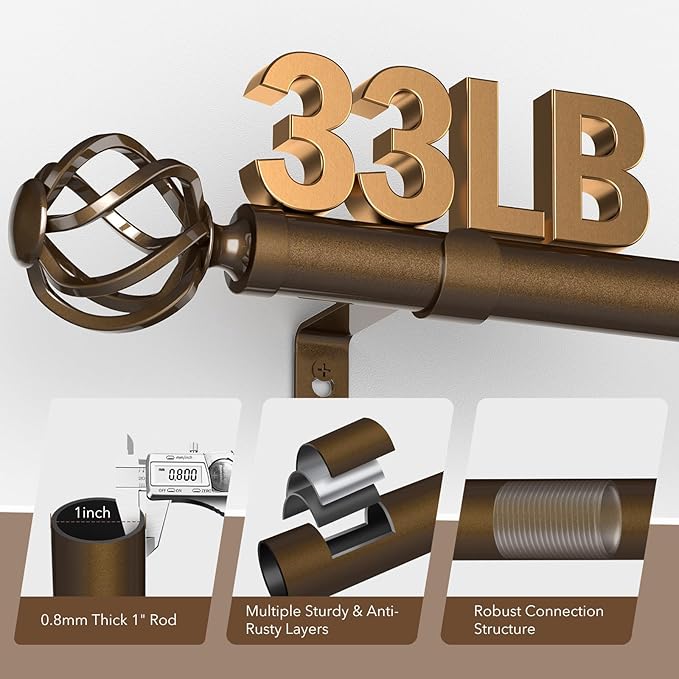 Curtain Rods for Windows 72 to 144, 1 Inch Adjustable Decorative Long Bronze Curtain Rod with Twisted Cage End, Modern Heavy Duty Outdoor Drapery Rods for Patio, Telescoping Splicing, Size 32" - 150"